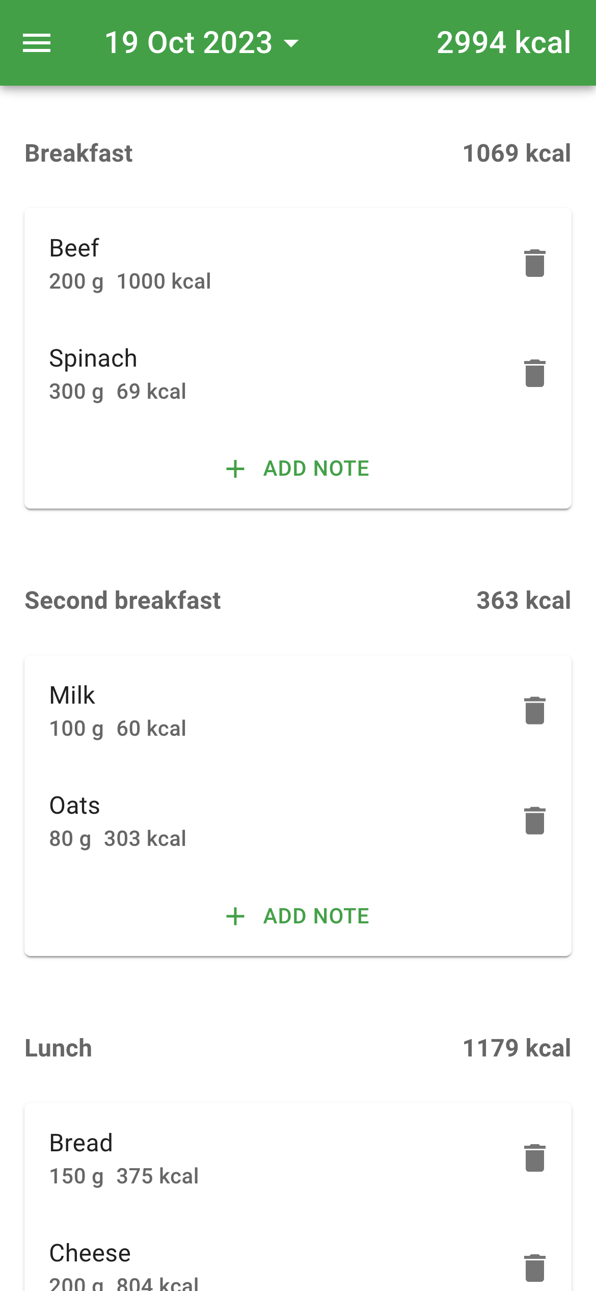 Screenshot of a food tracking app showing meals for October 19, 2023: breakfast with beef and spinach, second breakfast with milk and oats, lunch with bread and cheese. Total 2994 kcal.
